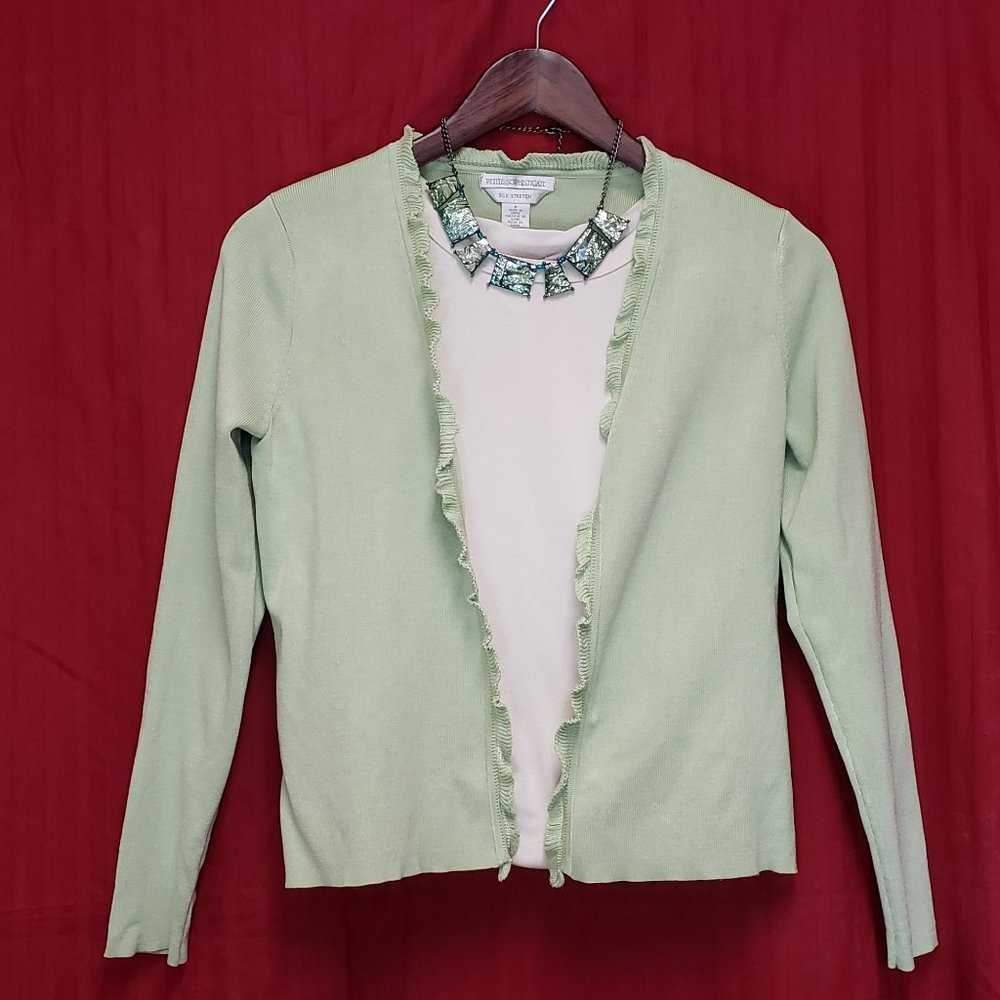 🍁Petite Sophisticate P, Lime Green Colored Open Cardigan w Ruffle Ribbed Edge.